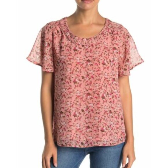 Pleione Tops - Pleione Pink Floral Scoop Neck Flutter Sleeve Blouse